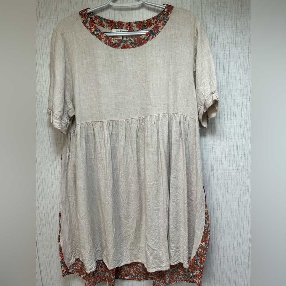 Umgee Linen Layered Back Floral Leopard Patchwork Short Sleeve Long Line Top